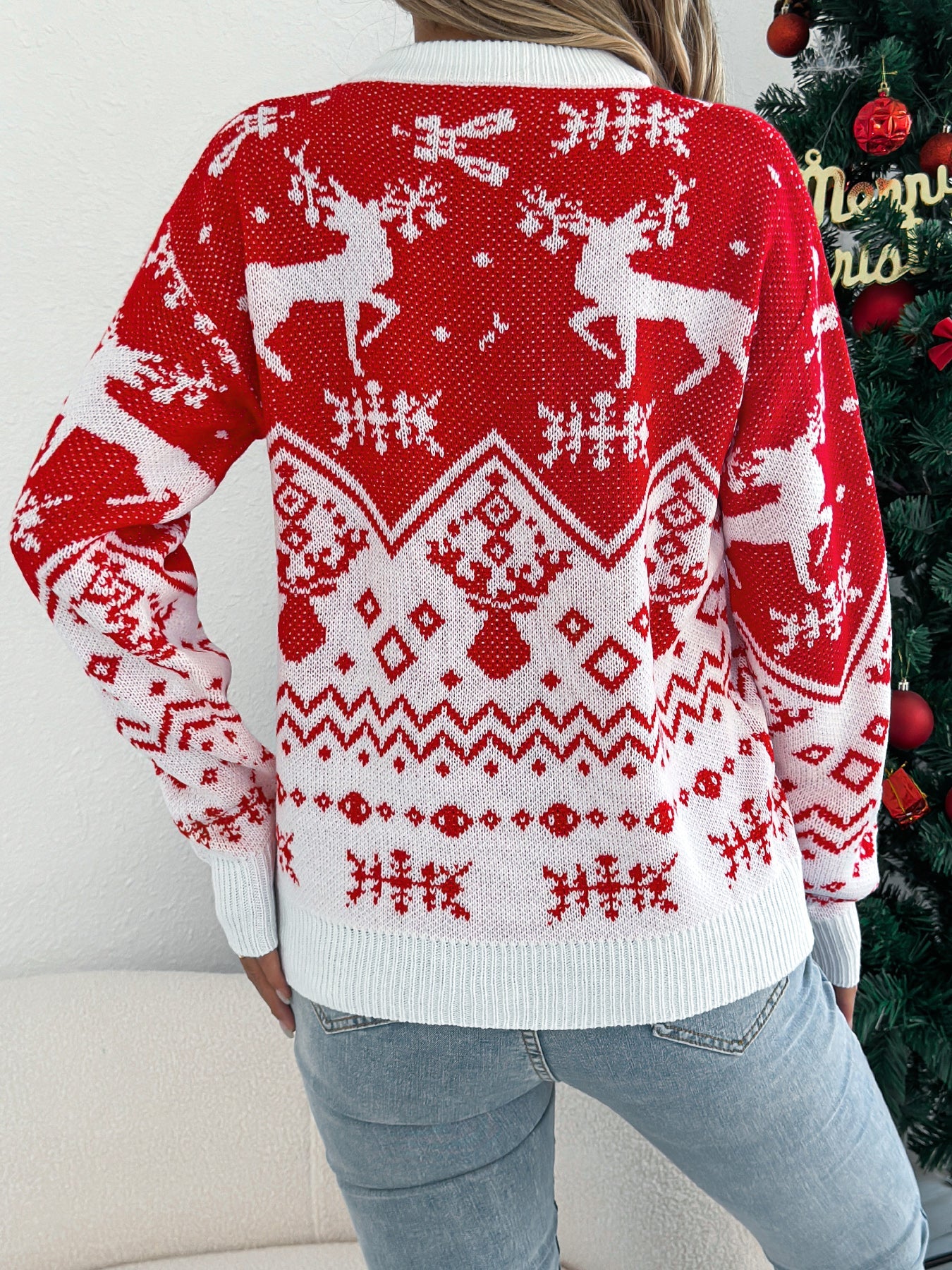 Women Casual Deer Pattern Long Sleeve Pullover Sweater Christmas Edition