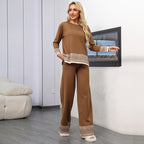 Women's Versatile Crew-neck Jacquard Top And Wide-leg Trousers Set