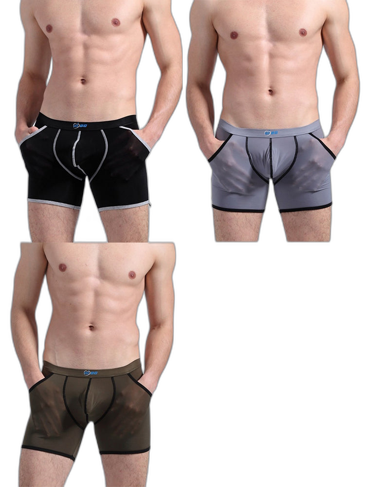 3 Pack Men's Long Leg Boxer Briefs Made of Ultra-Thin Ice Silk with Anti-Wear Elastic
