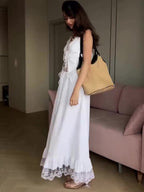 White Lace Patchwork Vest & Elastic Waist Skirt Suit