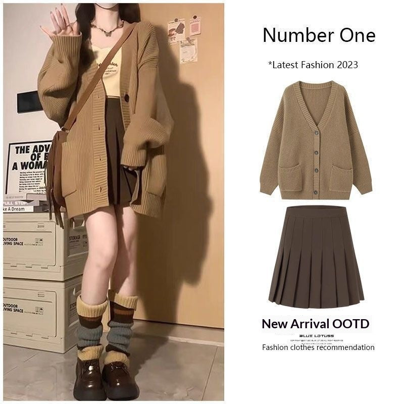 Women's Sweater Jacket And Retro Pleated Skirt Two-Piece Set