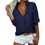 Women's Elegant Solid Chiffon Blouse Spring Summer Casual Long Sleeve V Neck Loose Shirt Office Lady Tunics Tops