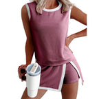 1Set Ribbed Sleeveless Top Shorts Set Women Summer Casual Two Piece Outfit