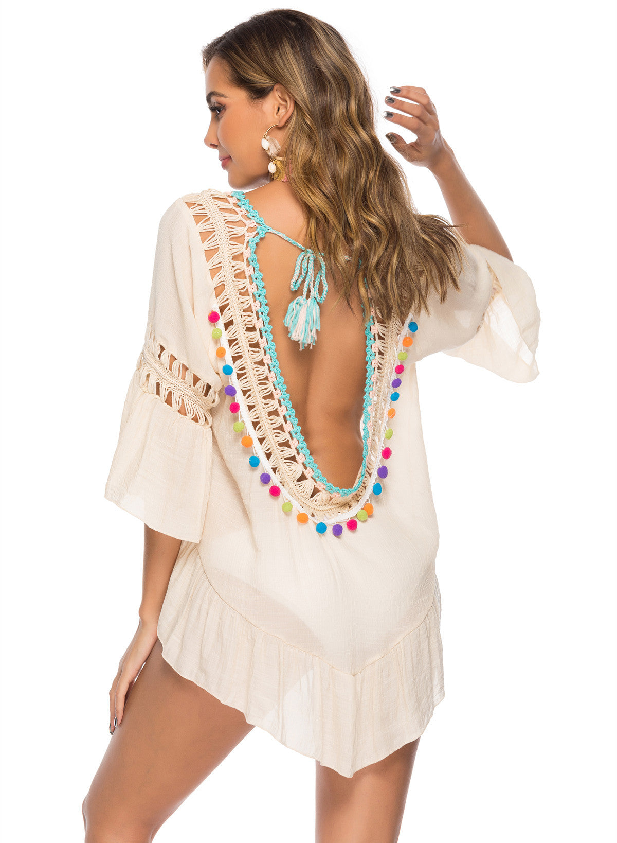 Hollowed-out Backless Beach Cover-up With Colorful Pom-poms And Tassels