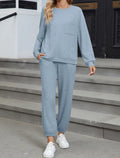 New Solid Color Knitting Belt Pocket Long Sleeve Top And Trousers Two Pieces