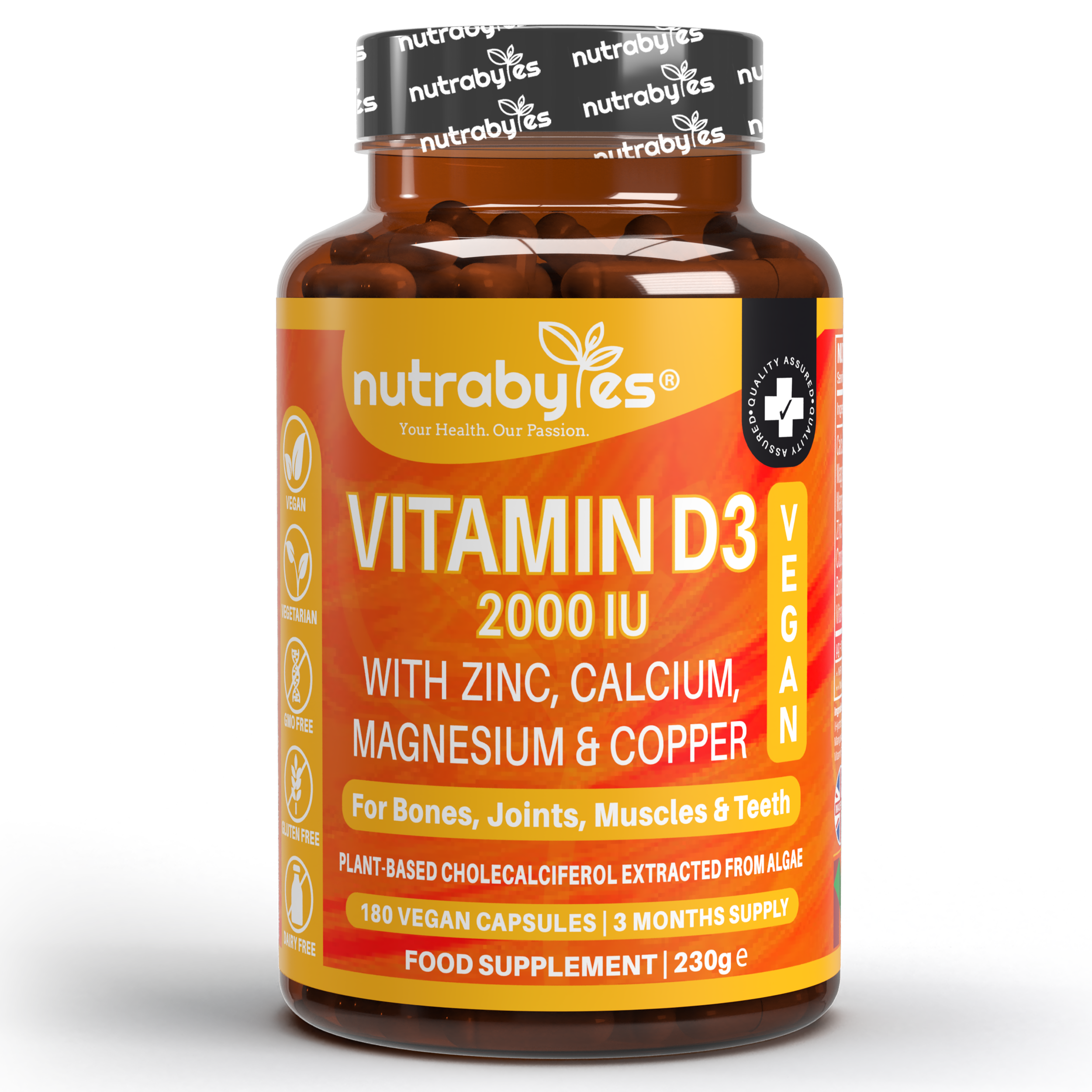 Vegan Vitamin D3 2000 IU with Calcium, Magnesium, Zinc & Copper | 180 capsules, 3 months supply | Made in the UK