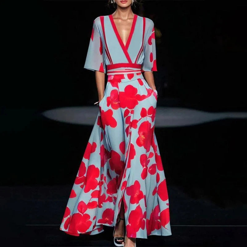Summer V-neck Split Short-sleeved Dress Fashion Flower Print A-line Long Dresses Party Club Beach Clothing For Women