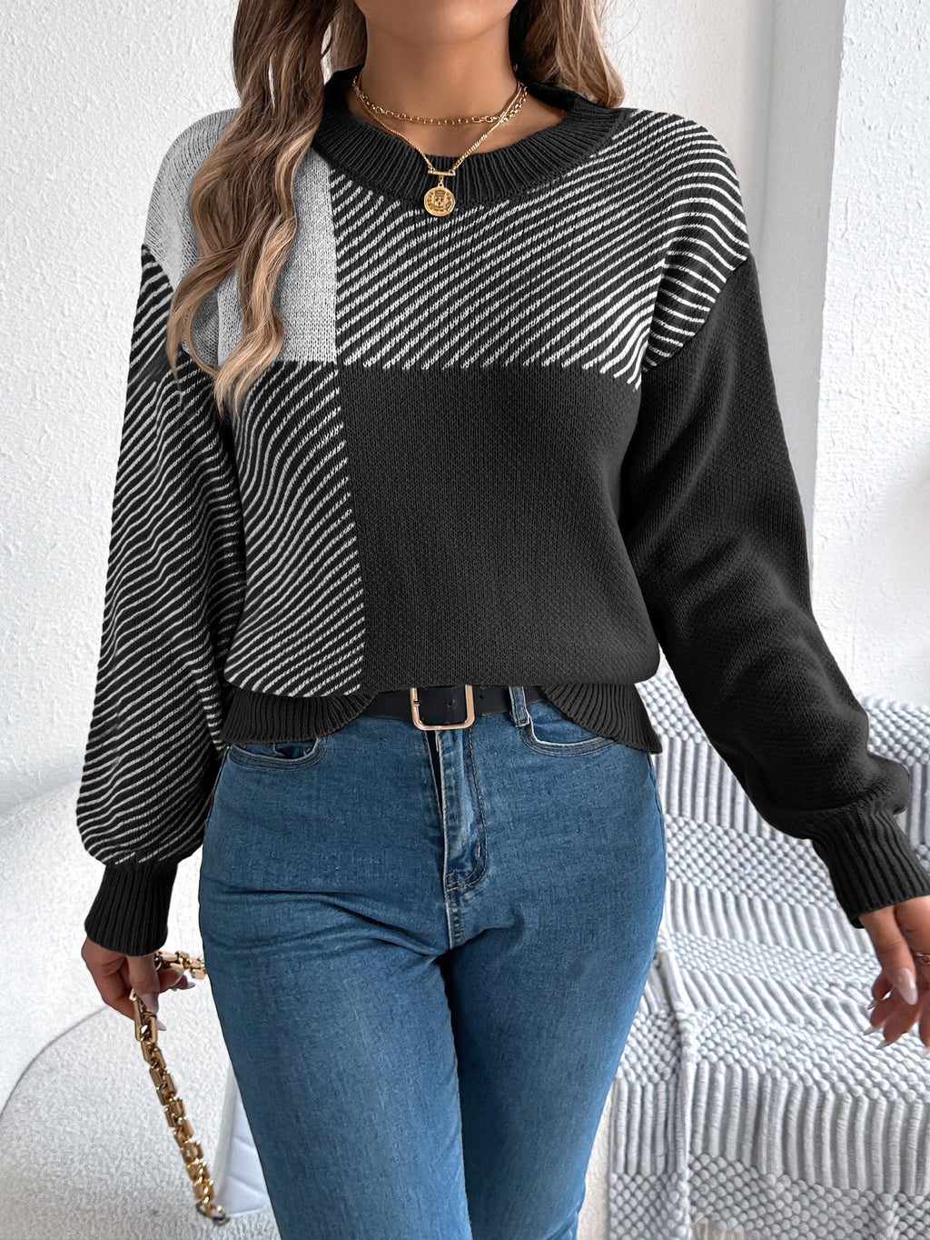 Women Casual Color Block Plaid Long Sleeve Pullover Sweater