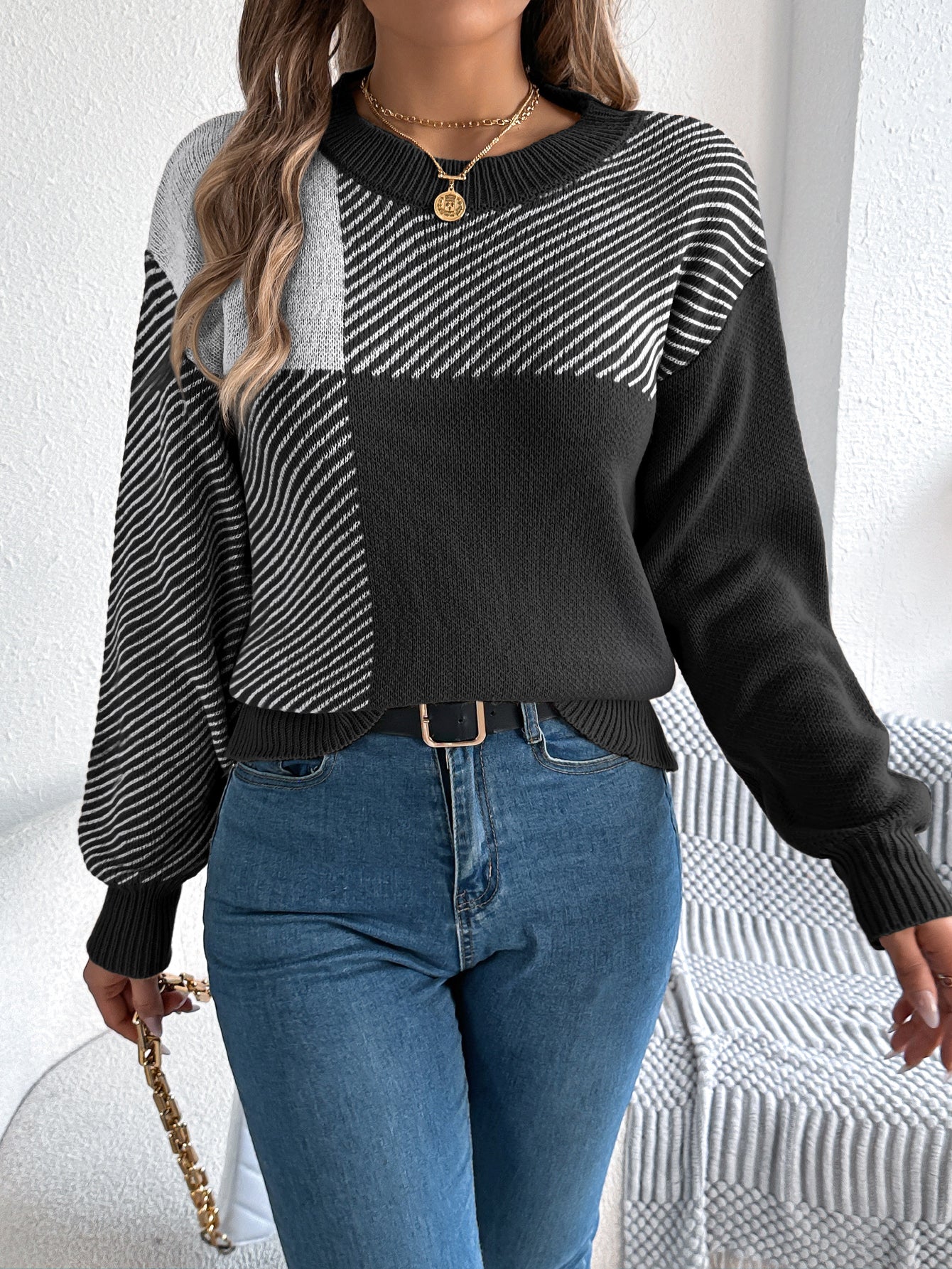 Women Casual Color Block Plaid Long Sleeve Pullover Sweater