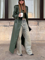 Olive Green Leather Maxi Trench Coat With Shoulder Pads