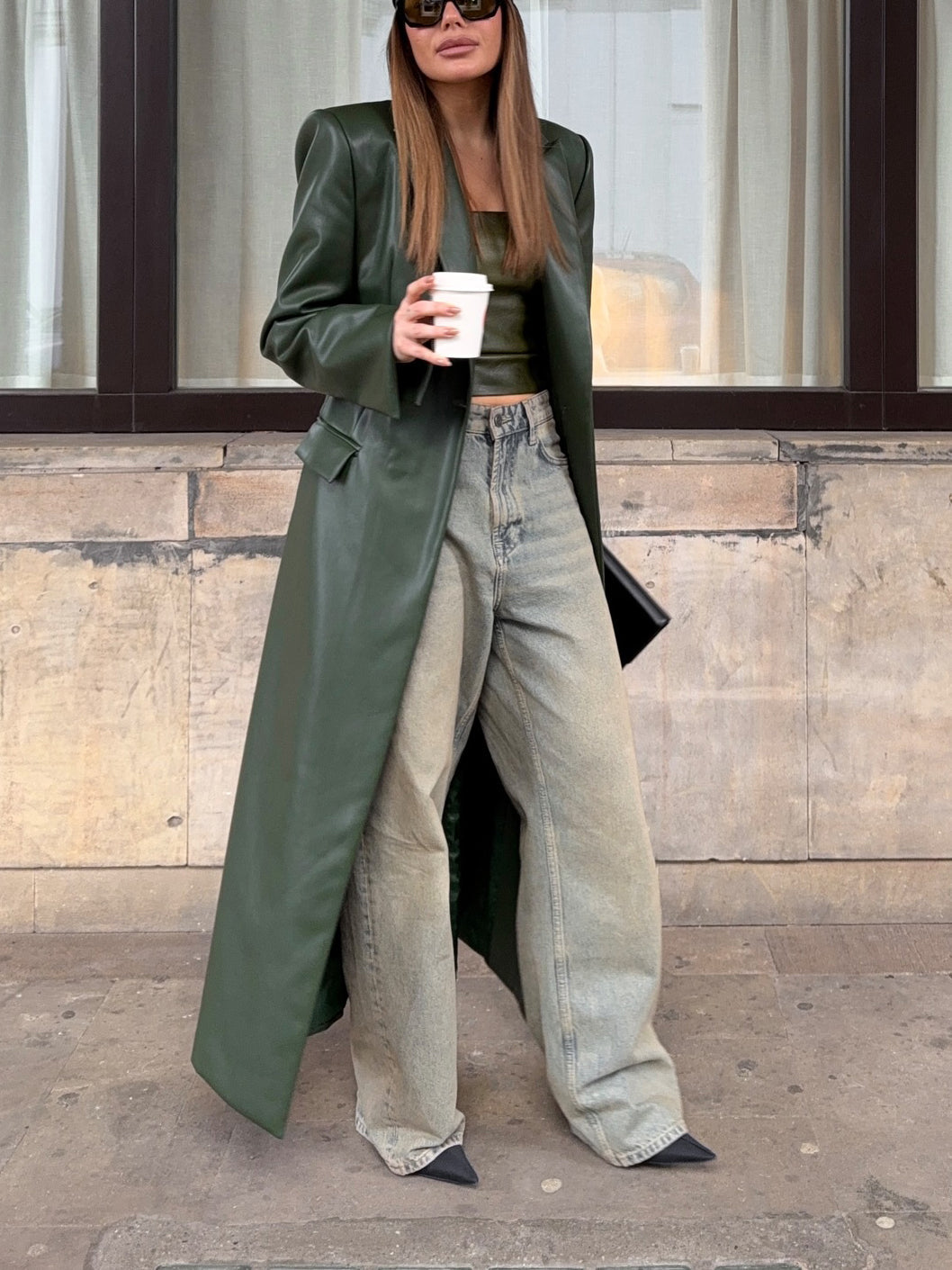 Olive Green Leather Maxi Trench Coat With Shoulder Pads