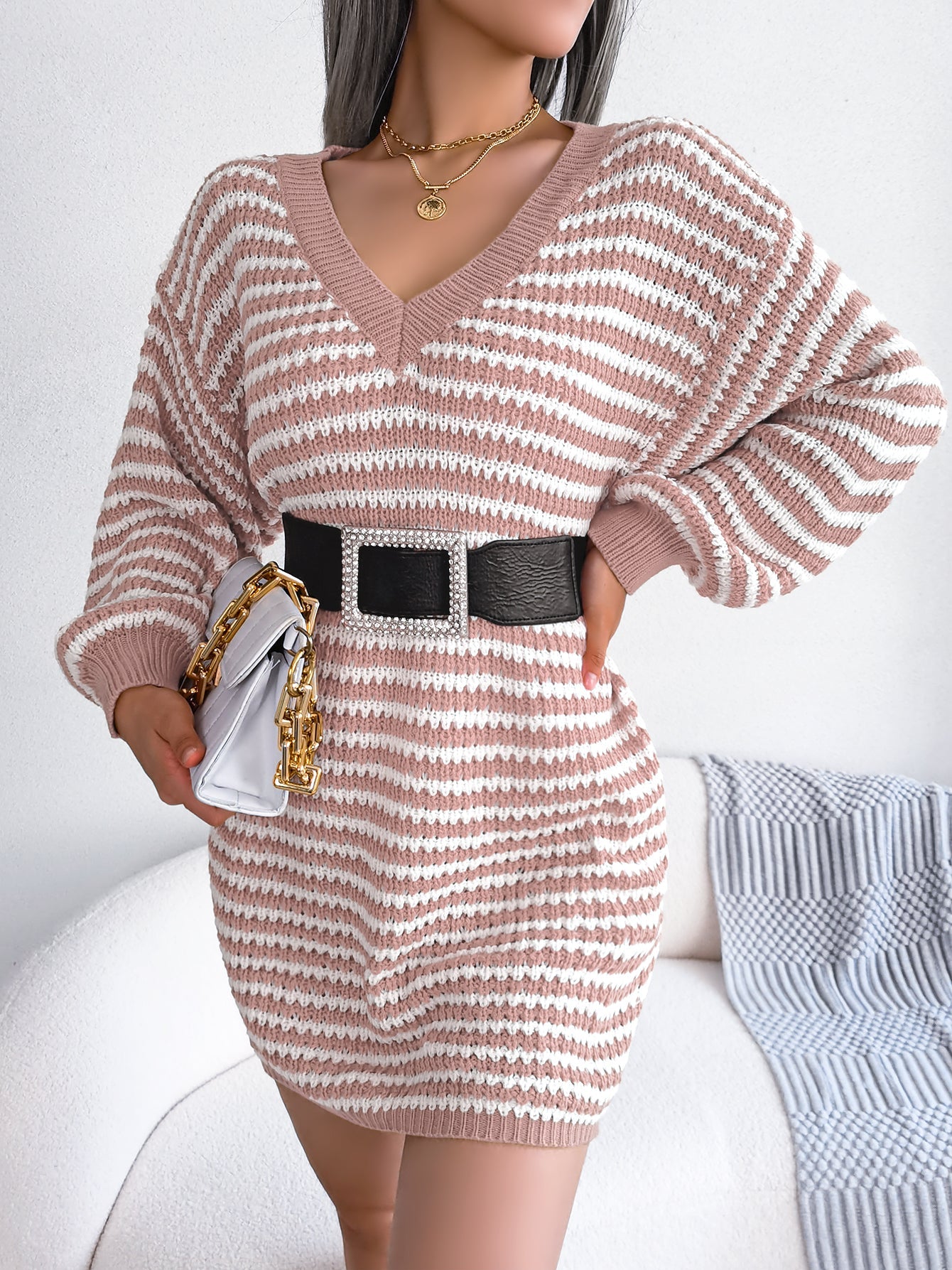 Women's Striped Lace-Up Knitted Dress