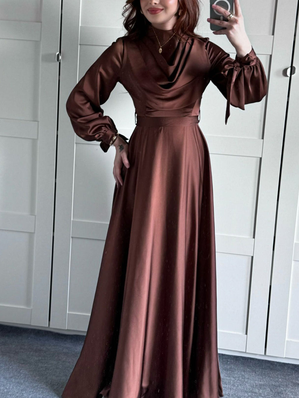 Women's Satin Plunge Neck Long Sleeve Maxi Dress - Elegant Evening Gown