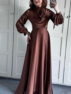 Women's Satin Plunge Neck Long Sleeve Maxi Dress - Elegant Evening Gown