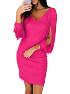 V-neck Tassel Long-sleeve Mini Sheath Party Dress