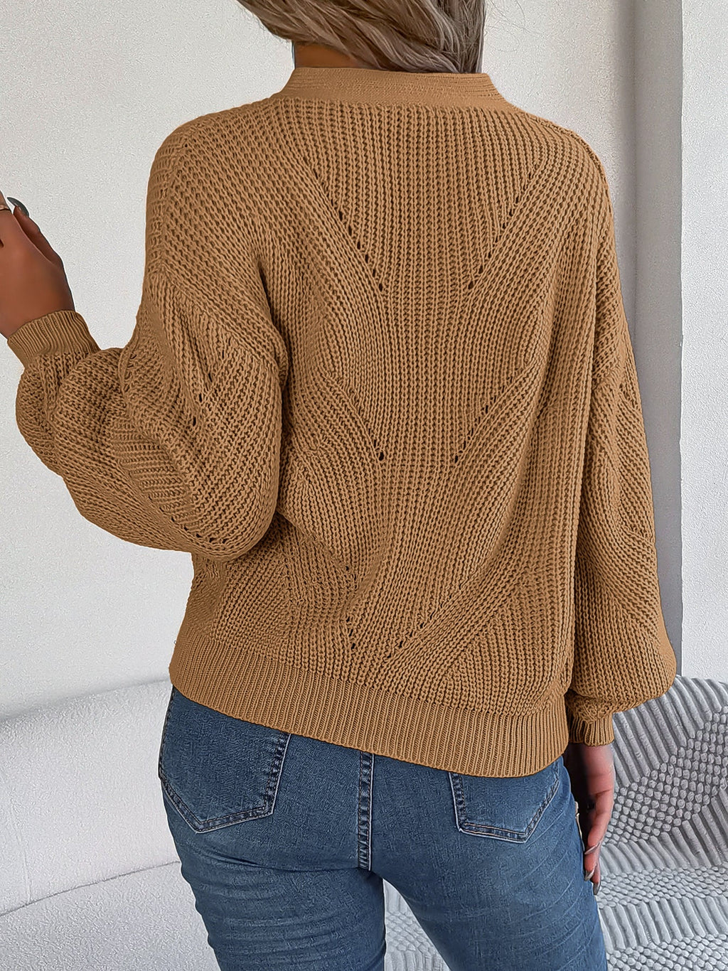 Women Hollow Out V-Neck Button Lantern Sleeve Pullover Sweater