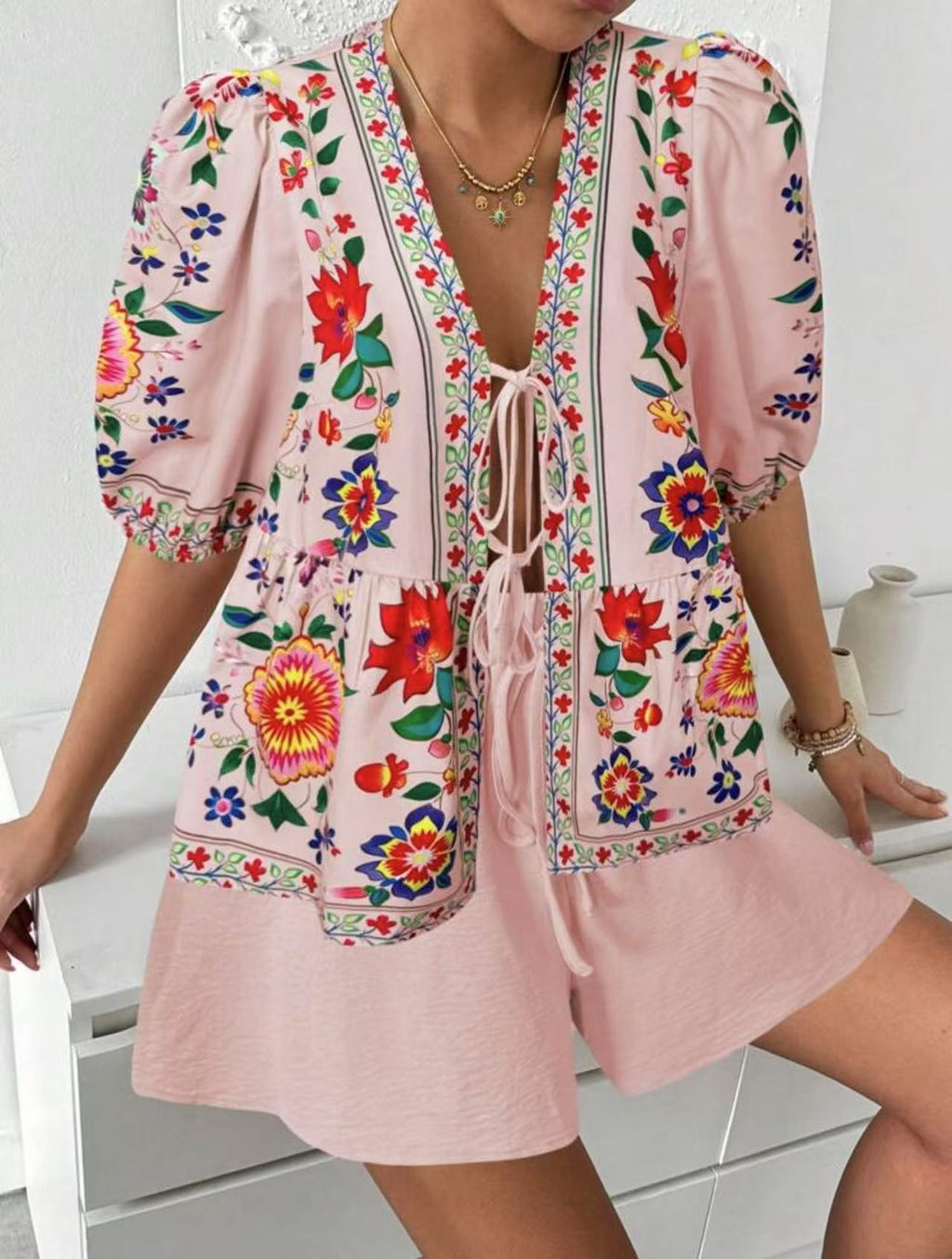 Women's Floral-print Cardigan With Tie-front Short-sleeve Top And Shorts Set