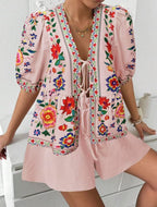 Women's Floral-print Cardigan With Tie-front Short-sleeve Top And Shorts Set