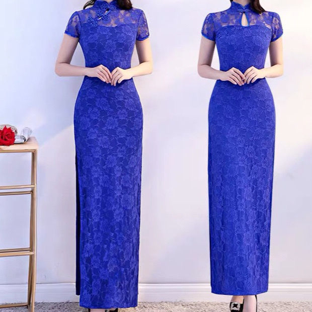 Retro-style modified dance cheongsam lace long high-slit dress