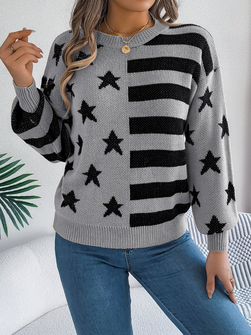 Women Casual Star Stripe Lantern Sleeve Long Sleeve Pullover Sweater