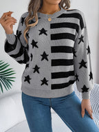 Women Casual Star Stripe Lantern Sleeve Long Sleeve Pullover Sweater