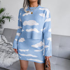 Women's Cloud Pattern Knitted Sweater And Pencil Skirt Set