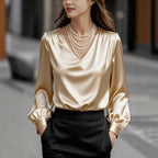 French-style Elegant And Sophisticated Satin Long-sleeve Blouse With Bubble Sleeves And A V-neck