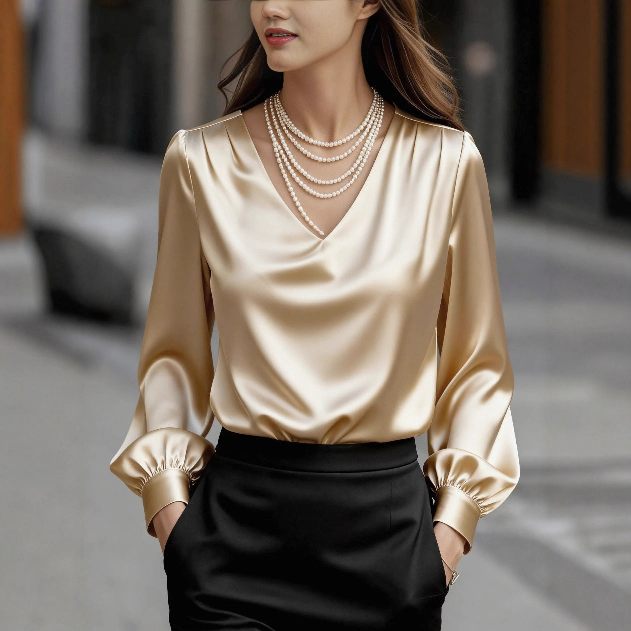French-style Elegant And Sophisticated Satin Long-sleeve Blouse With Bubble Sleeves And A V-neck
