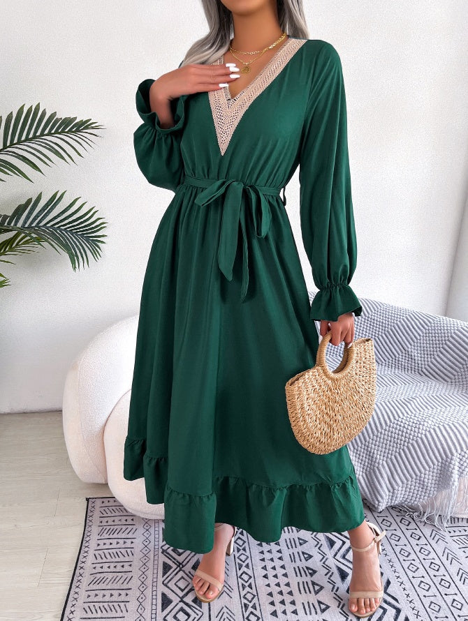 Women's Elegant V-Neck Lace Waist-Defined Hem Ruffle Maxi Dress