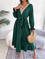 Women's Elegant V-Neck Lace Waist-Defined Hem Ruffle Maxi Dress