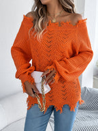Women Solid Color Hollow Out Long Sleeve Distressed Off-Shoulder Pullover Sweater