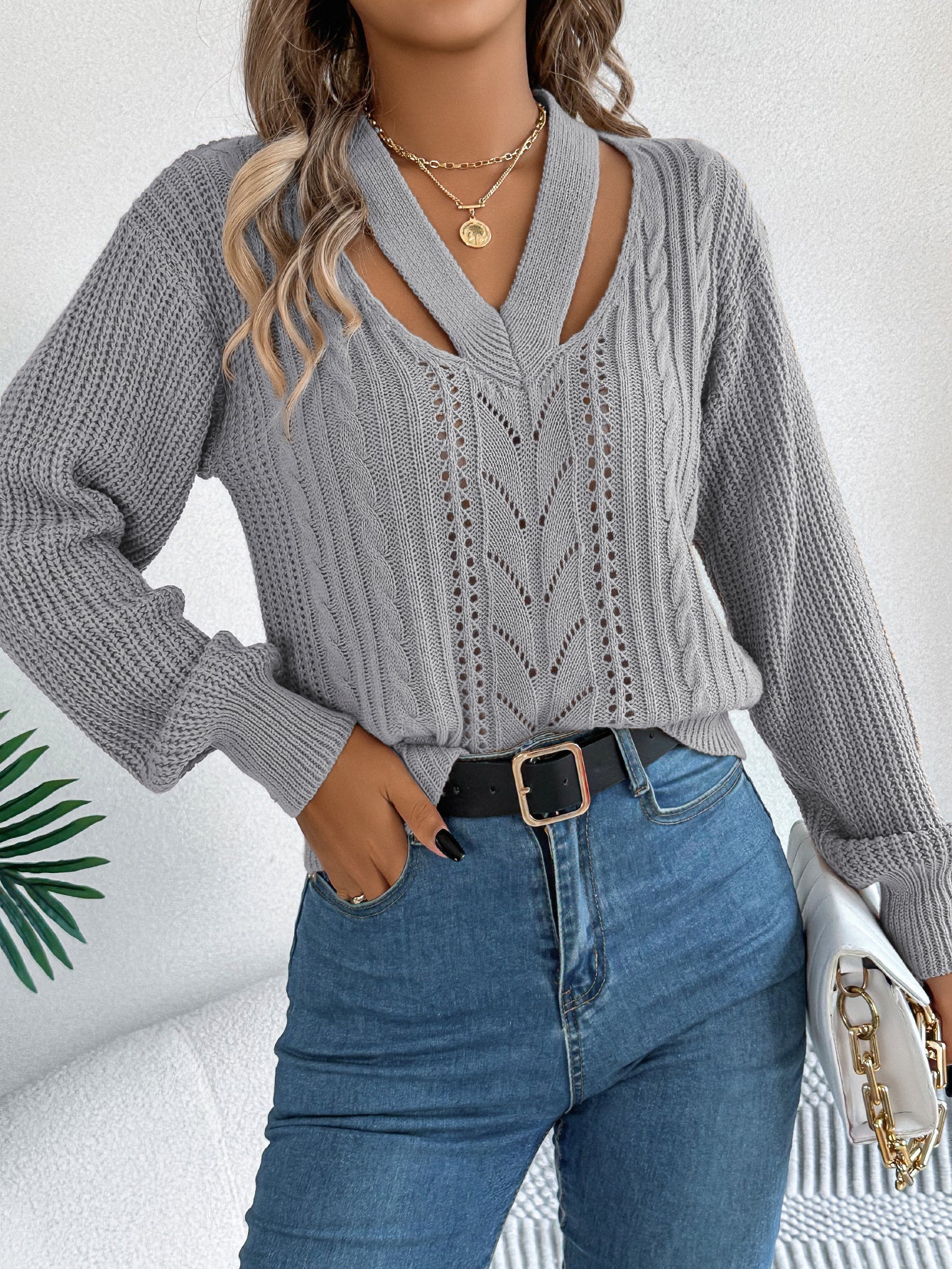 Women Casual Hollow Out V-Neck Cable Knit Lantern Sleeve Pullover Sweater