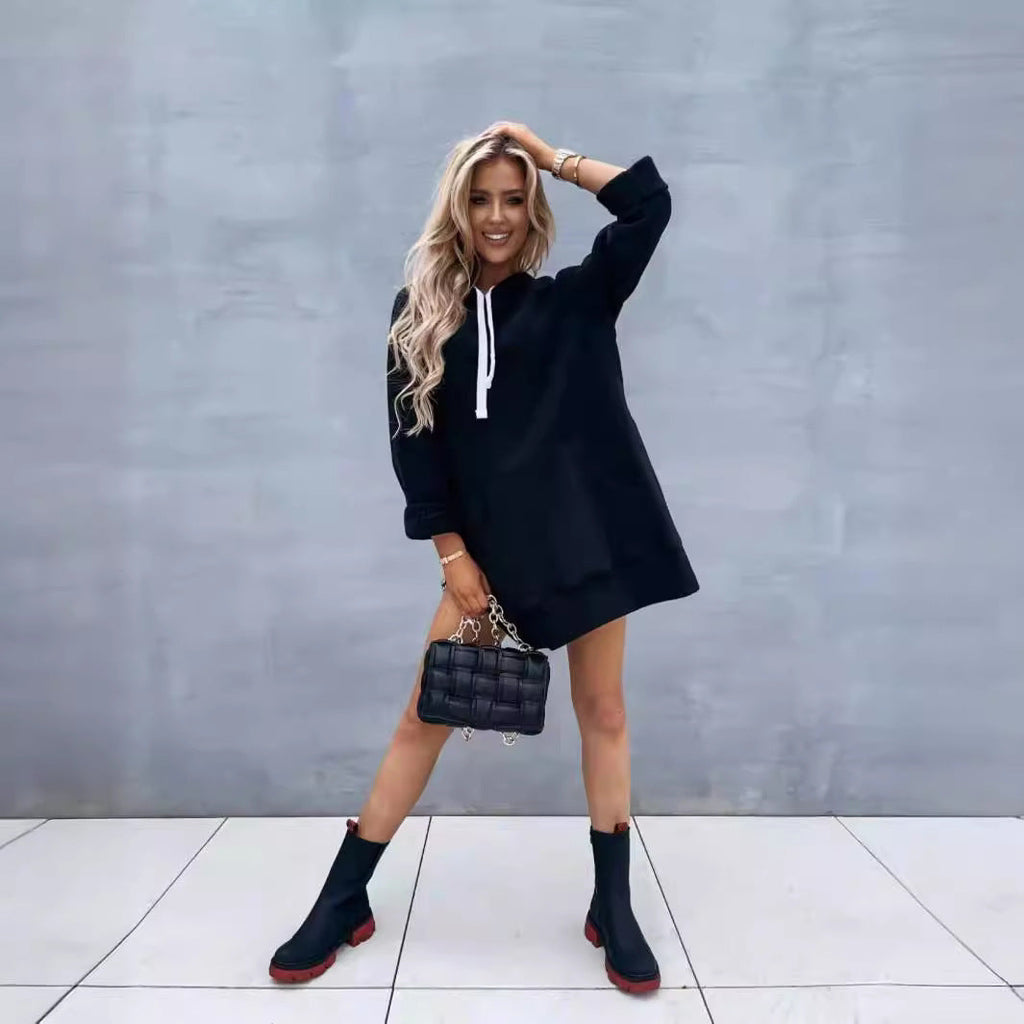 Women's Hooded Sweatshirt With Pockets Fashion Casual Split Mid-length Sweater Drawstring Tops