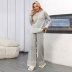 Women's Versatile Crew-neck Jacquard Top And Wide-leg Trousers Set