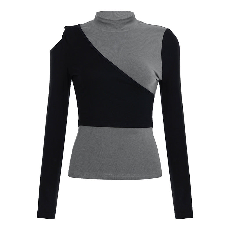 New Color-blocked Mock-neck Slim-fit Top