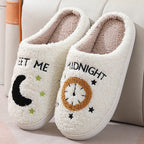 Cosy Moon & Clock Print Slippers - Plush Memory Foam House Shoes for Women | Anti-Slip Winter Warmth
