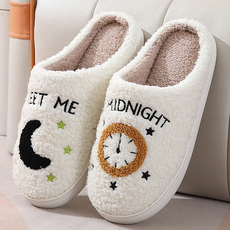 Cosy Moon & Clock Print Slippers - Plush Memory Foam House Shoes for Women | Anti-Slip Winter Warmth