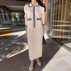 Women's Loose-fit Retro Knitted Dress With Turn-down Collar And Contrasting Colors