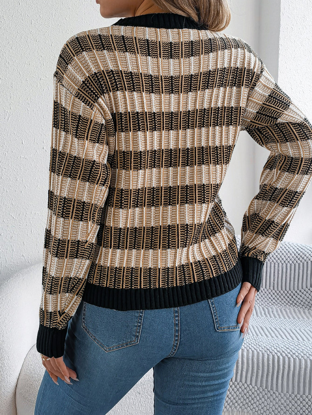 Women Round Neck Retro Stripe Lantern Sleeve Long Sleeve Pullover Sweater