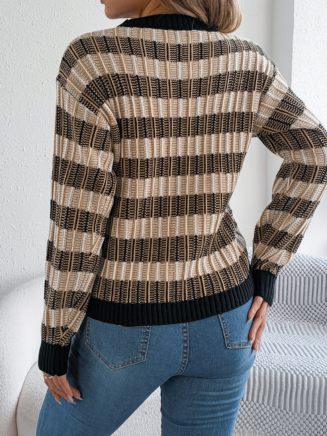Women Round Neck Retro Stripe Lantern Sleeve Long Sleeve Pullover Sweater