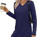 Women's Solid-Color Casual V-Neck Long-Sleeve Knitted Dress