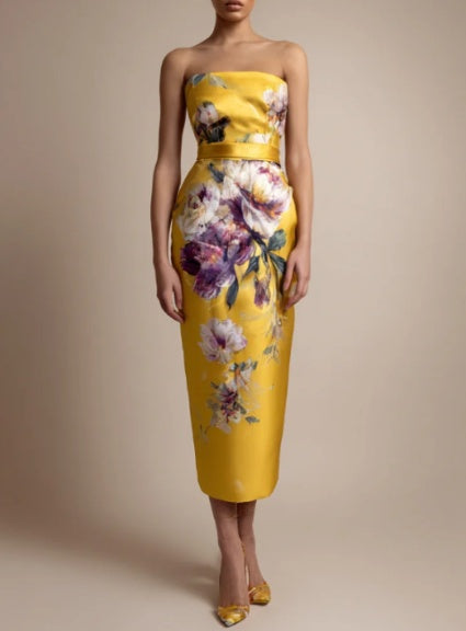 Luxury Floral Art Print Strapless Midi Dress