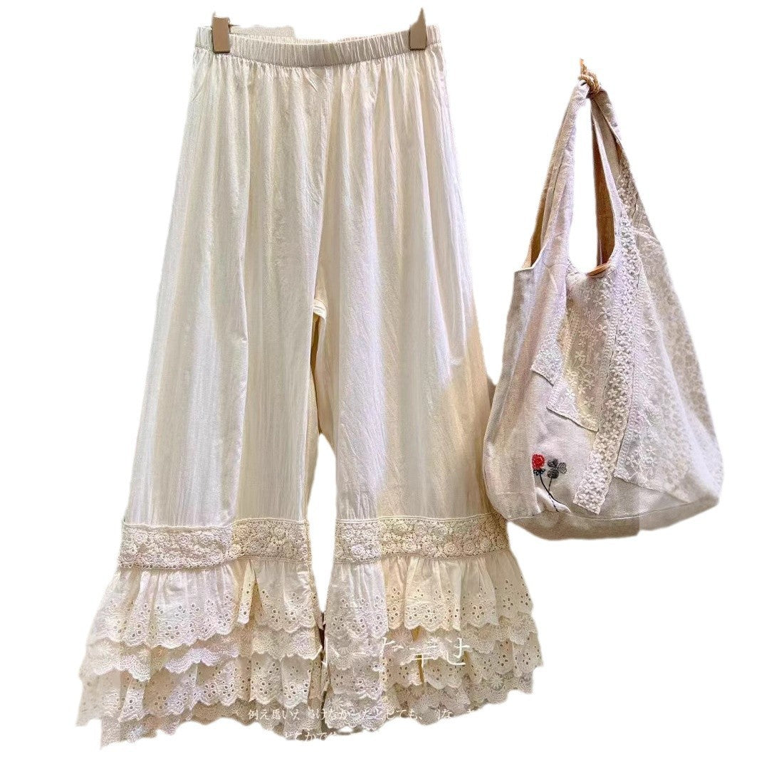 Fairystyle Fourlayer Lace Layered Design Highwaisted Loosefit Casual Pajama Pants