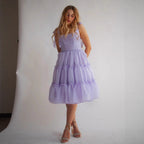 Square-neck Solid-color Wooden High-waist Flared Sleeveless Dress