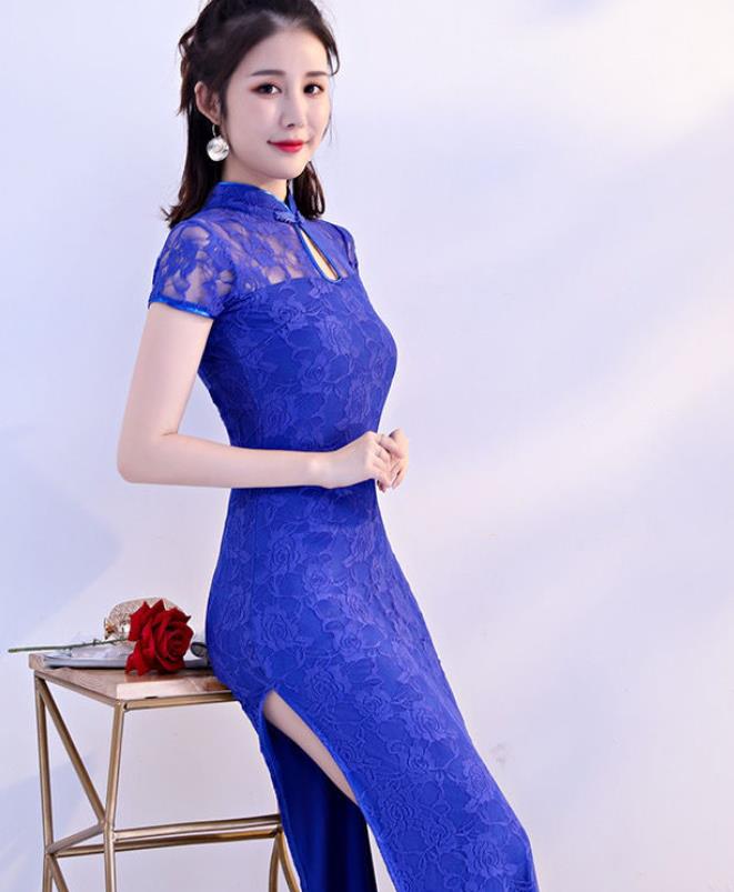 Retro-style modified dance cheongsam lace long high-slit dress
