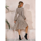 Spring And Summer New Lace V-neck Leopard Print Long-sleeved Mid-length Waist Dress Women