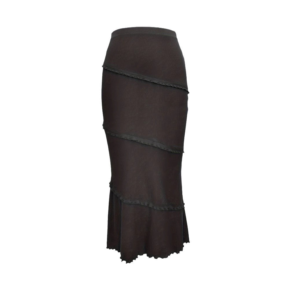 Womens Solid-Color Multi-Layer Patchwork Ruffle-Trim Knitted Fishtail Skirt