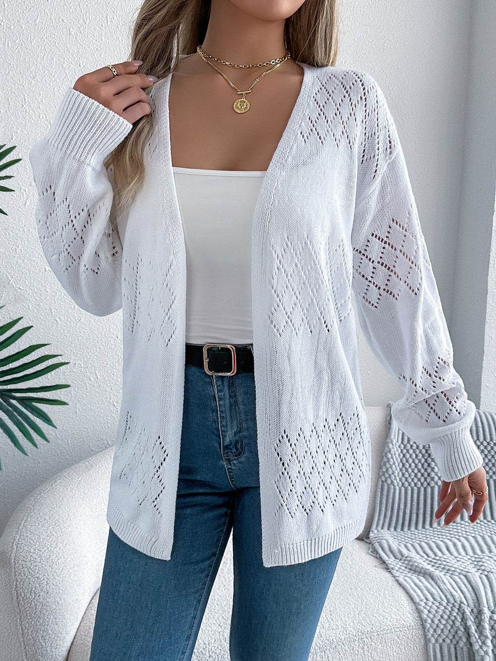 Women Casual Solid Color Hollow Out Lantern Sleeve Mid-Length Cardigan Sweater