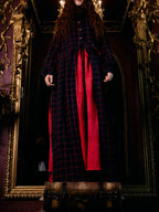 Navy Red Plaid Long Coat With Red Maxi Swing Dress Set