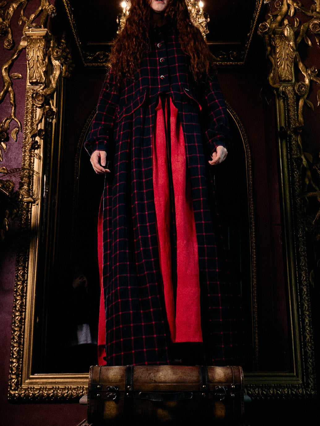 Navy Red Plaid Long Coat With Red Maxi Swing Dress Set